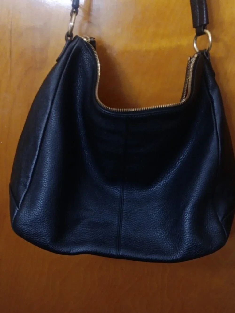 Black Leather Vera Bradley Shoulder Bag with Gold Zippers